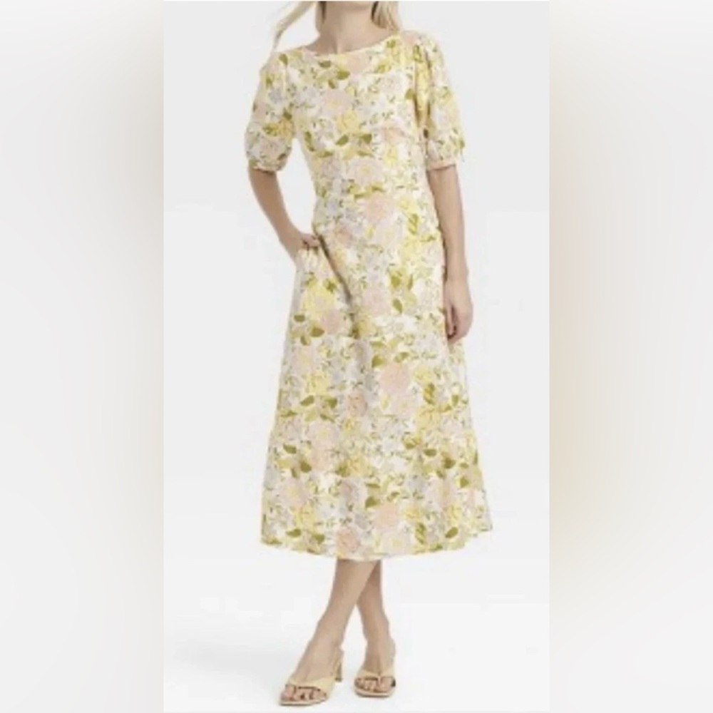 Who What Wear Bishop Elbow Sleeve Linen Blend Tie-Back Dress